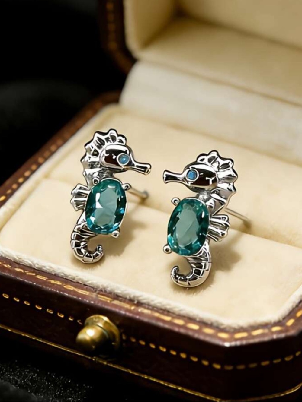 Silver Seahorse Stud‎ Earrings with Teal Crystal Accent